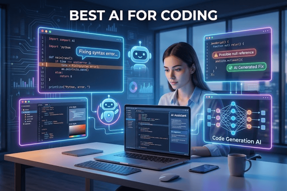 Futuristic developer workspace showing AI coding tools generating and fixing code in real time, representing the best ai for coding, coding ai, and ai code fixer for developers