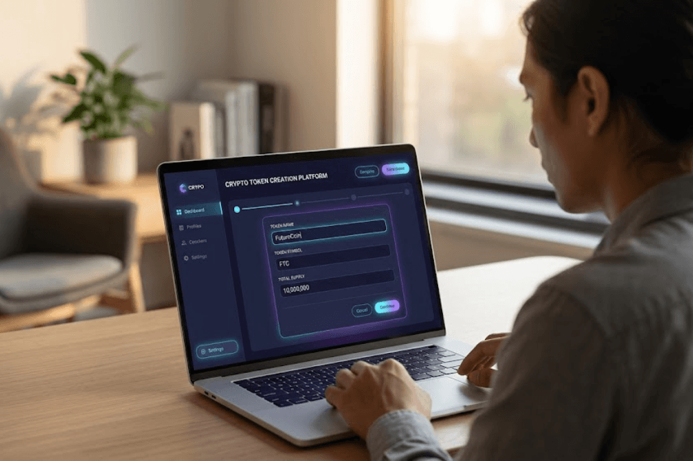 Token Maker Online guide banner showing token creation and blockchain concepts