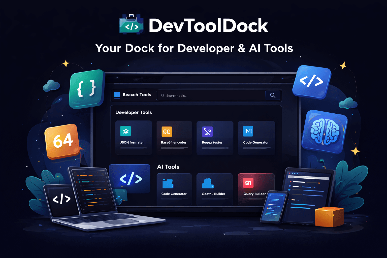 Developer tools and AI utilities dashboard screenshot, dark theme